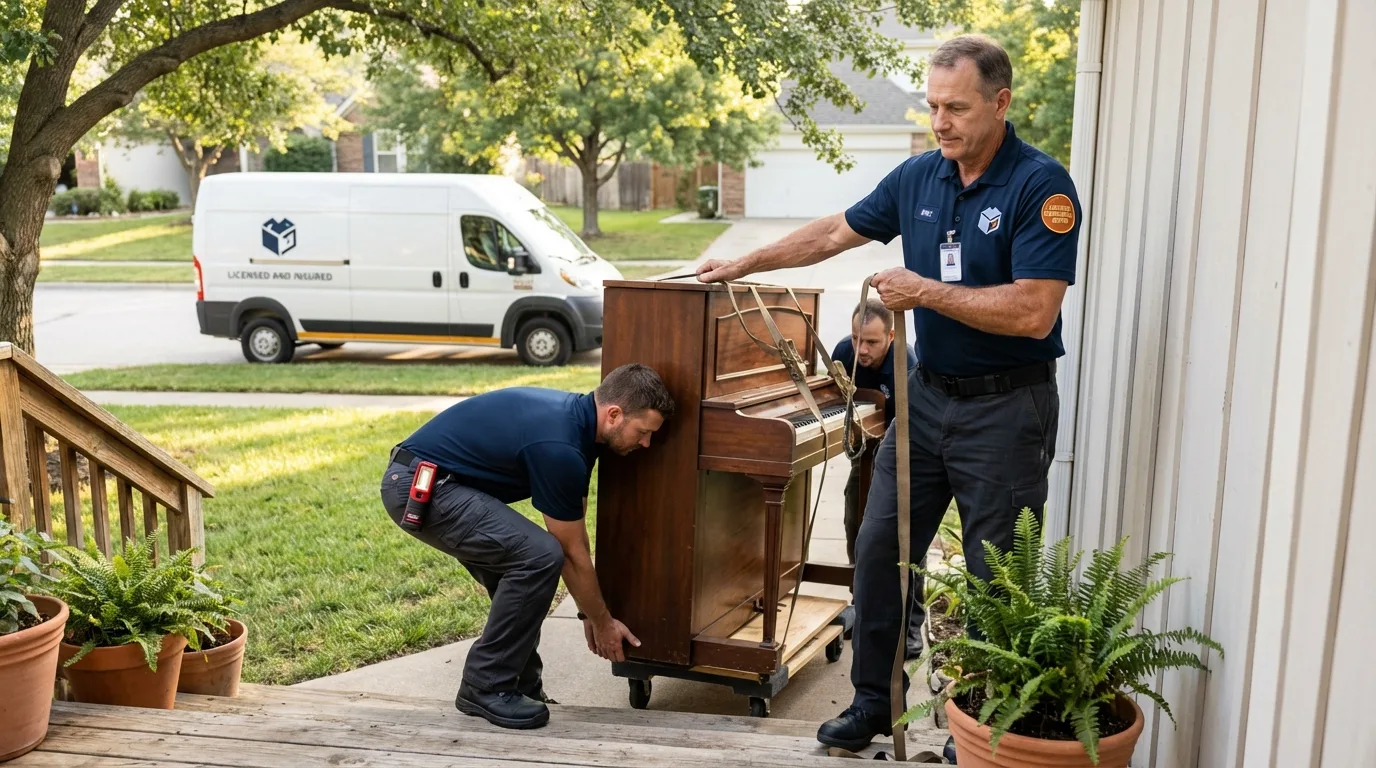 Licensed piano movers securing grand piano in Kremmling, CO