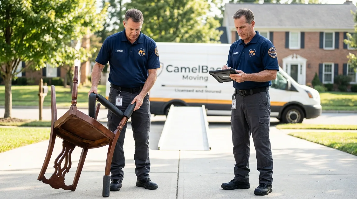 Movers inspecting furniture for damage prevention before loading in Kremmling, CO